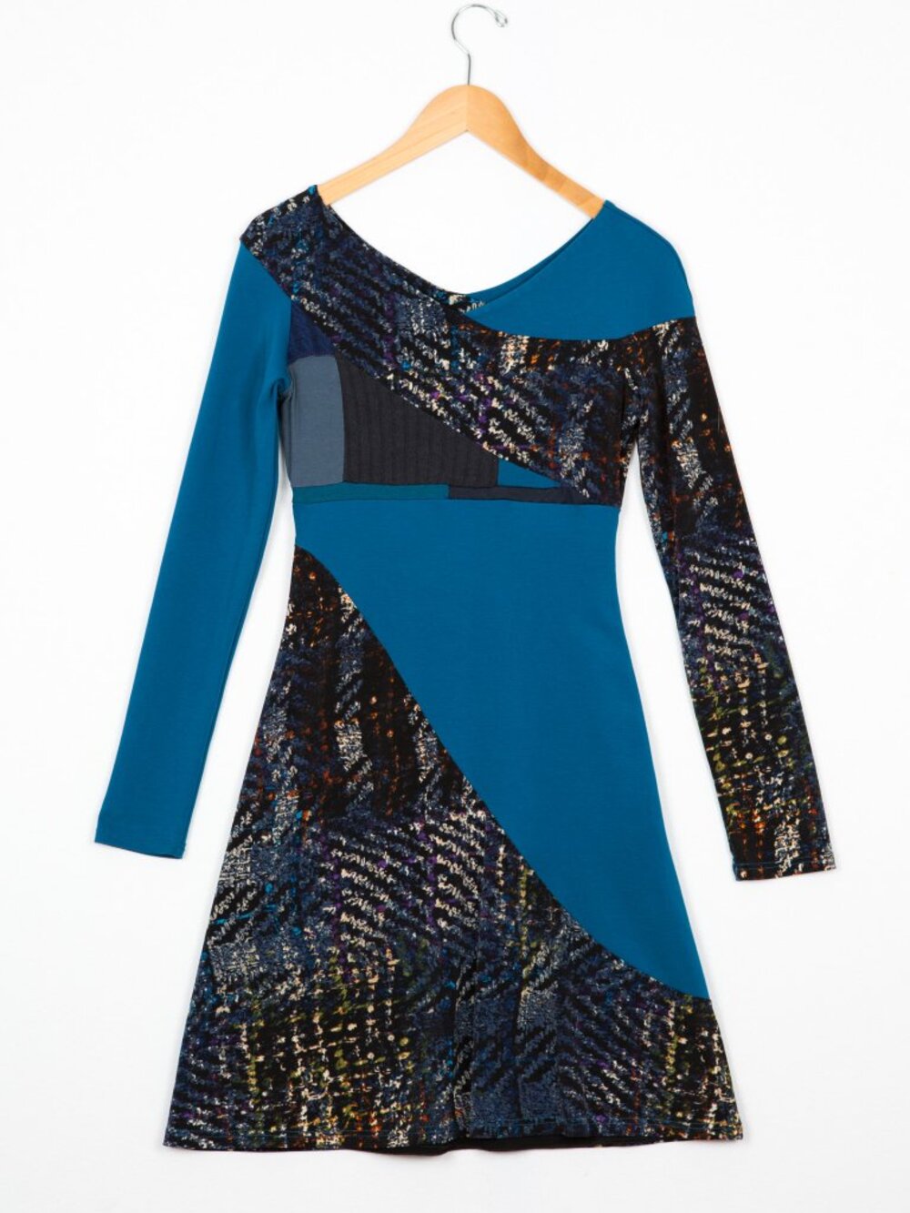 Myco Anna Asymmetrical Patchwork Dress Teal Knit Stretch Jersey Size Small